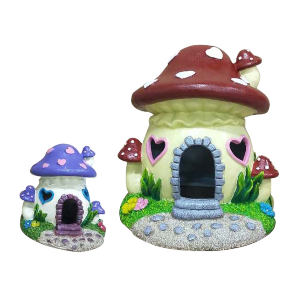 AquaOne Fairy Mushroom House Mixed Colours Red & Purple 10x10x11cm