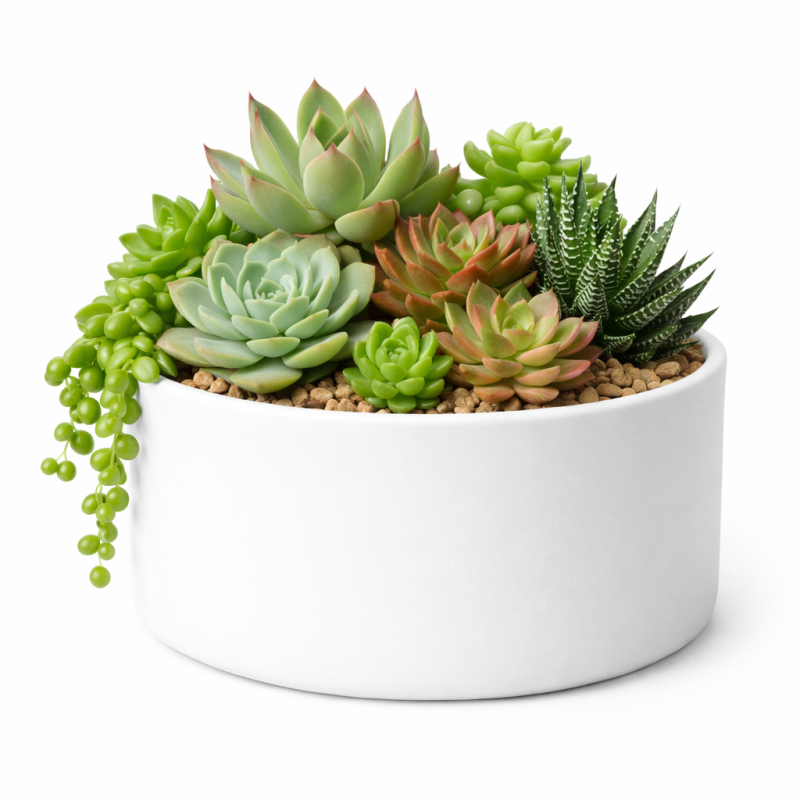 Mixed Succulent in Splatter white Pot 12x25cm